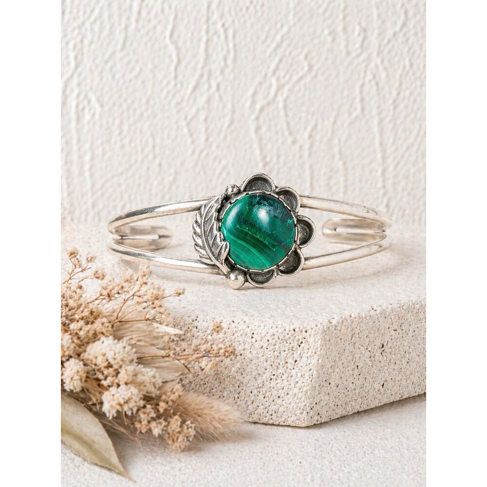 Navajo Malachite Cuff Bracelet Sterling Silver Green Flower Native Southwestern - Picture 9 of 12